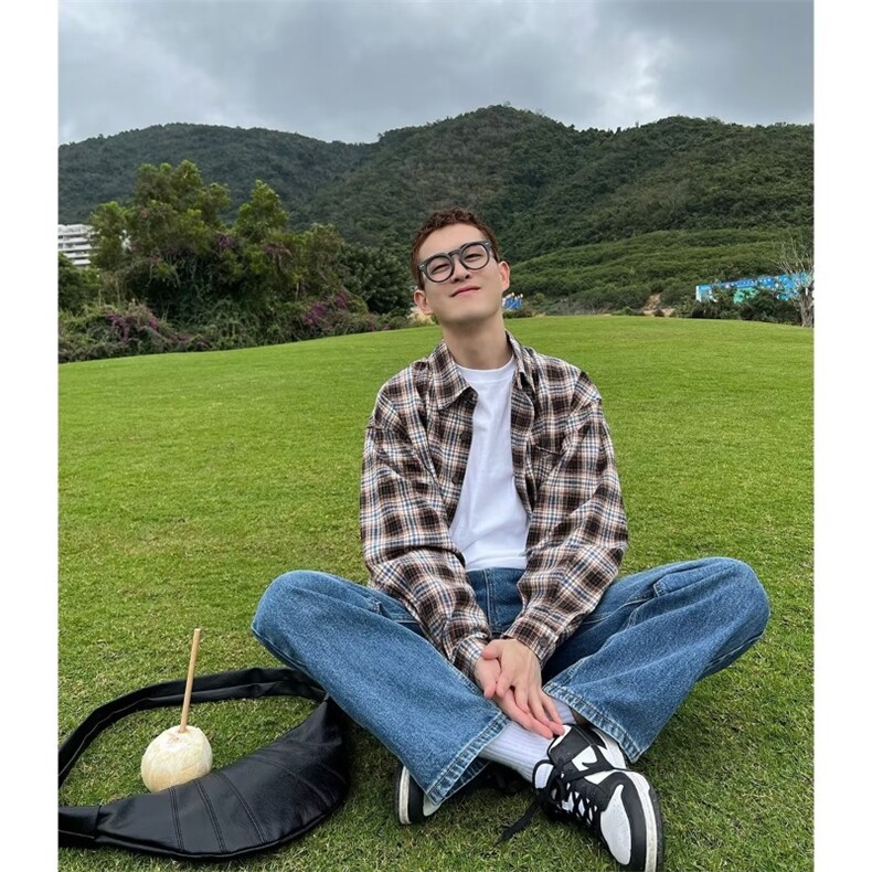 工装衬衫男长袖秋季新款潮流百搭格子衬衣日系复古青少年宽松外套,男装衬衫,星座218-1（原230）