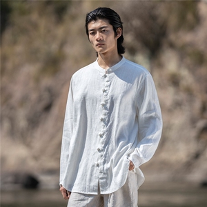 纯亚麻夏季薄款宽松长袖上衣风复古唐装盘扣衬衫男CS03图片