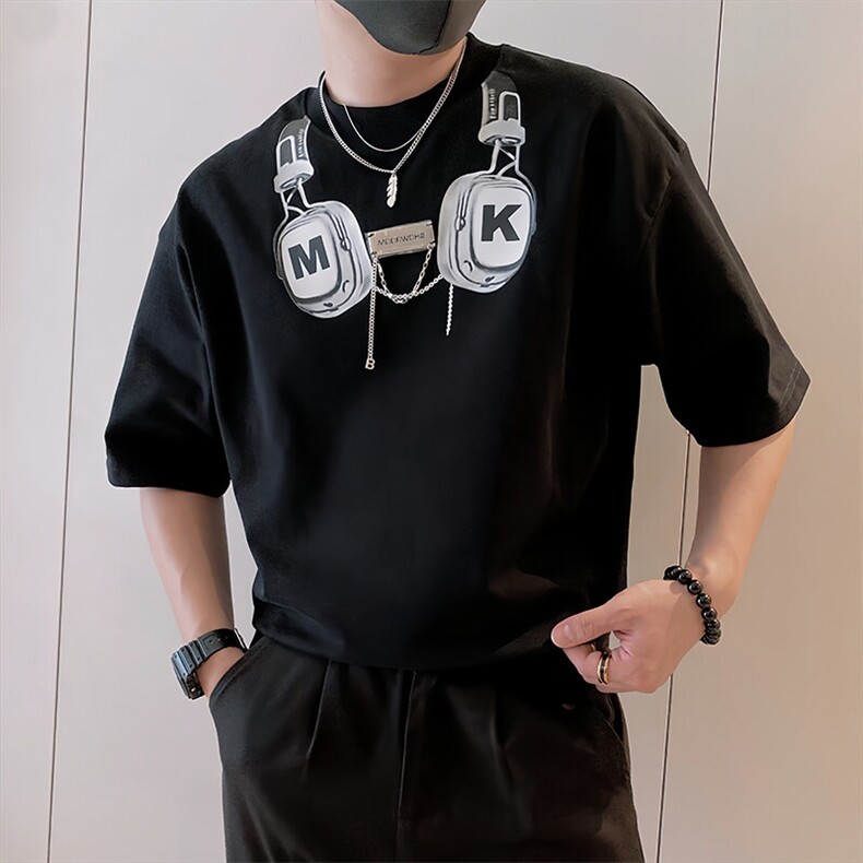 8964/特P78控108夏季社会小伙美式创意印花短袖T恤男黑首2,男装T恤,星座305B