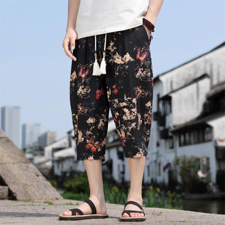 棉麻薄款七分裤男水墨印花风休闲裤宽松小脚A266-1-KZ772-P50图片