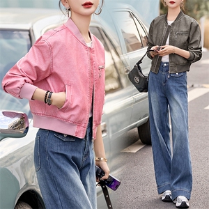 现货时髦做旧复古PU皮衣夹克外套女小个子2024新款短款立领机车服图片
