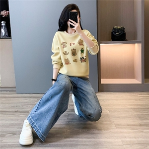 休闲时尚套装女春季新款洋气减龄圆领印花长袖卫衣牛仔长裤两件套图片