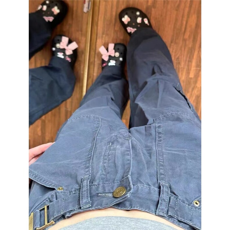 藏青色多口袋工装裤欧美hiphop炸街裤子小众设计感宽松直筒休闲裤,男装牛仔裤,星座506A