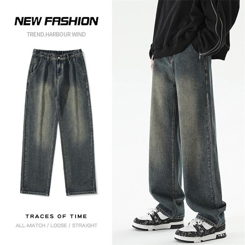 港风做旧高街直筒牛仔裤男士宽松休闲韩版潮流休闲阔腿长裤子P55，男装牛仔裤，星座205-1
