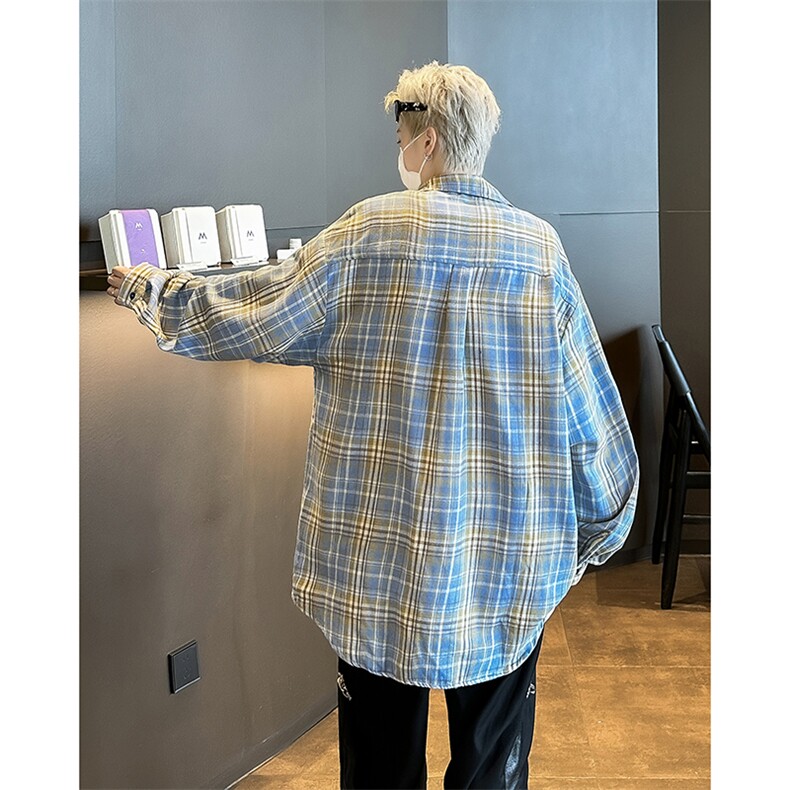 长袖衬衫男款2024春秋新款痞帅潮流日系复古格子大码翻领衬衣外套,男装衬衫,星座410-7