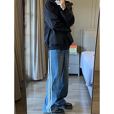B221美式ins高街小众宽松三条杠运动牛仔裤LK23130-P60控78，男装牛仔裤，电商B221