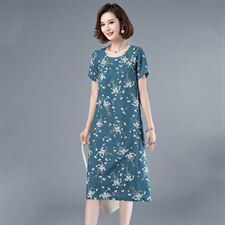 2021年夏季中长款通勤A字裙旗袍妈妈装连衣裙印花圆领套头裙子，女装连衣裙，伊满意