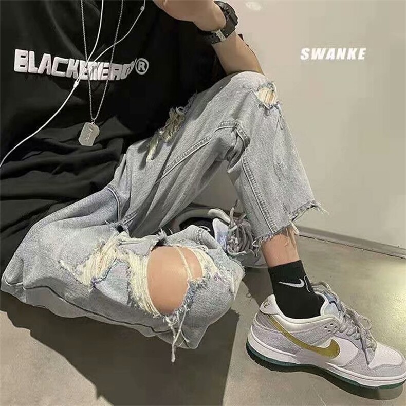 复古破洞牛仔裤男春秋季美式hiphop潮牌做旧乞丐裤街头痞帅九分裤,男装牛仔裤,星座1116-2