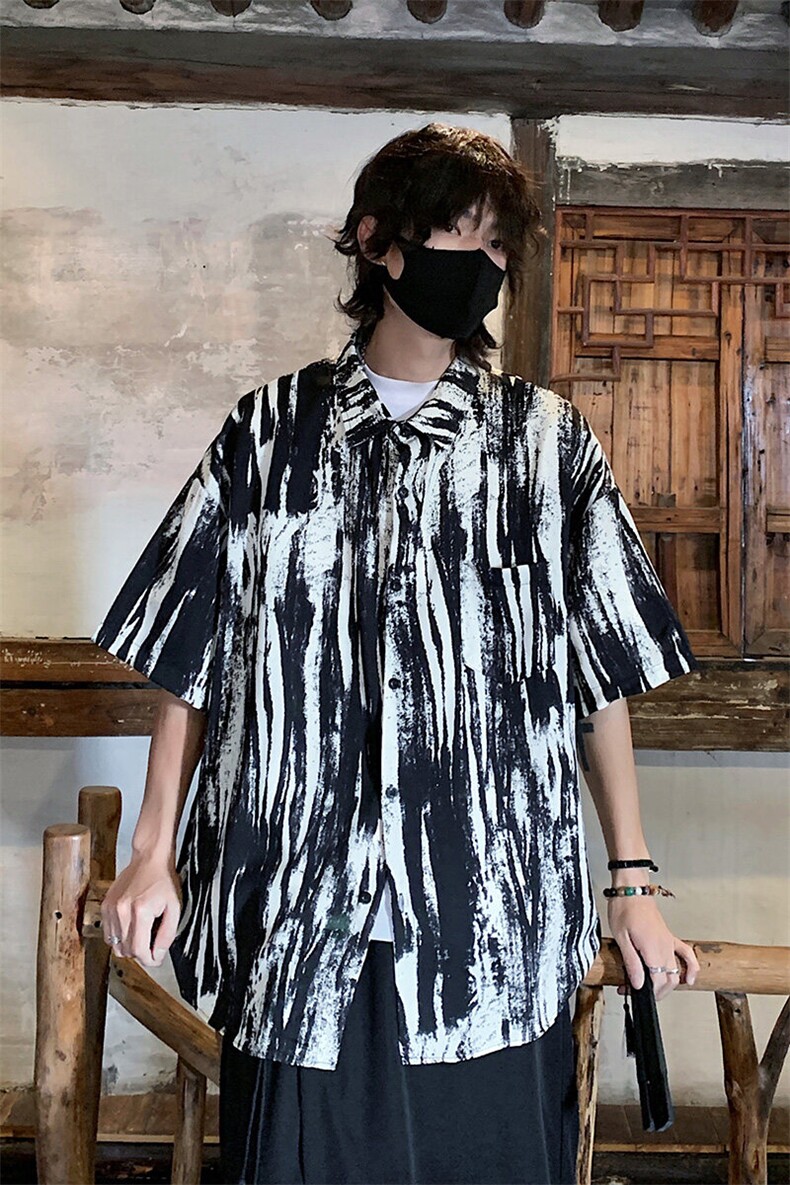 特批P25无差价25夏薄款冰丝设计感潮复古水墨画五分袖衬衫男CD891,男装T恤,电商A001