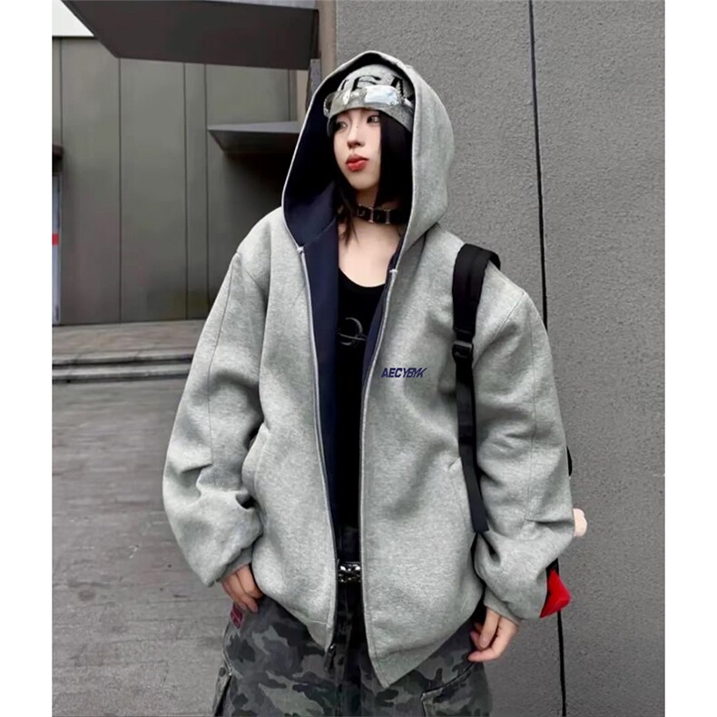 抖音得物高品质秋冬美式重磅宽松结构双面连帽印花卫衣外套AW6802,女装短外套,电商A443