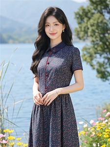 田园风斜领碎花刺绣连衣裙女春夏收腰显瘦中长裙图片