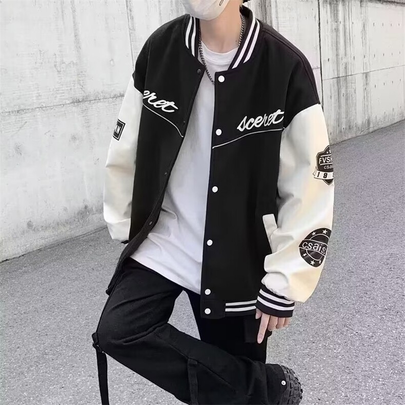 美式复古毛呢拼皮夹克男2024新款日系潮流宽松棒球服外套 J676图片
