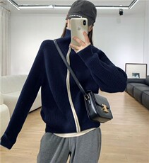 时尚休闲拉链高领羊绒开衫女秋冬宽松毛衣针织羊毛打底衫立领上衣，女装针织衫/毛衣，鑫之绒