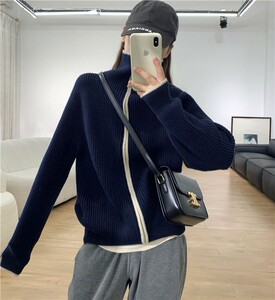 时尚休闲拉链高领羊绒开衫女秋冬宽松毛衣针织羊毛打底衫立领上衣图片