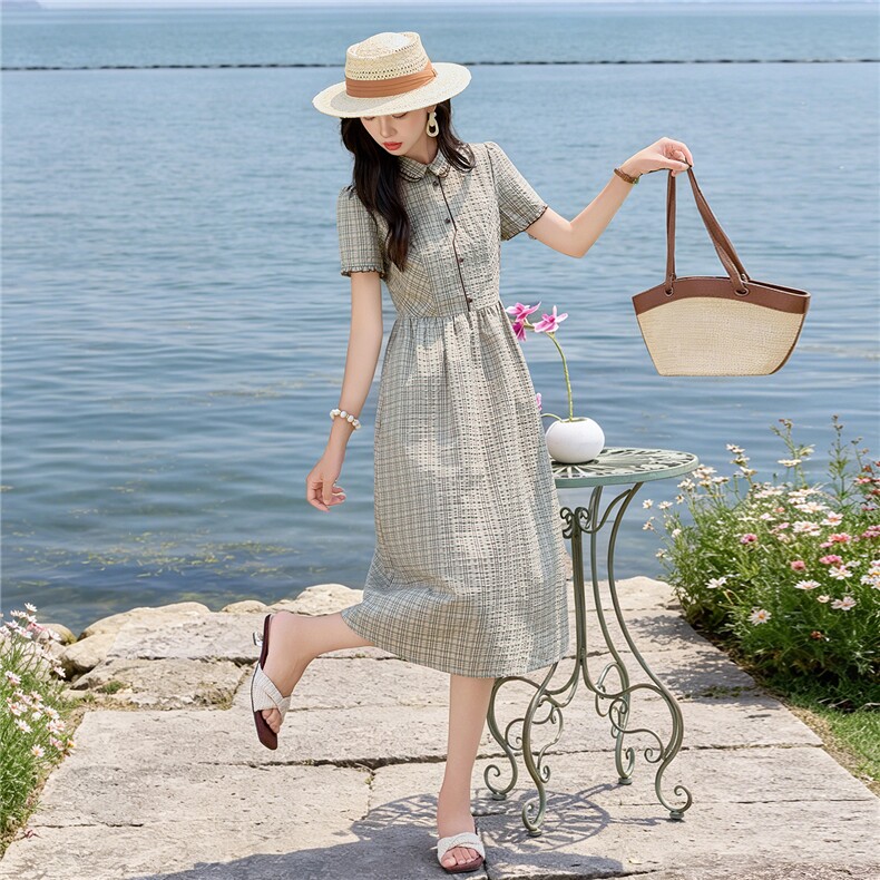 学院风格纹连衣裙女春夏收腰显瘦中长裙格子裙子,女装连衣裙,水衣源