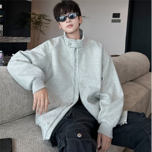 浅灰色毛呢外套男秋冬日系复古宽松休闲立领开衫卫衣夹克图片