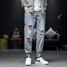 2020日系秋款破洞牛仔裤大码男潮流束脚宽松九分牛仔裤NZ802-P50，男装牛仔裤，电商B278