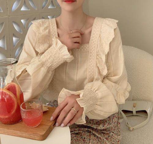 小方领拼花边泡袖亮色上衣，其它，新袖