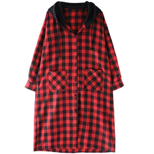 棉质红格子薄款单层连帽风衣外套女长款衬衫2025新款春秋，女装衬衫，风姿绰