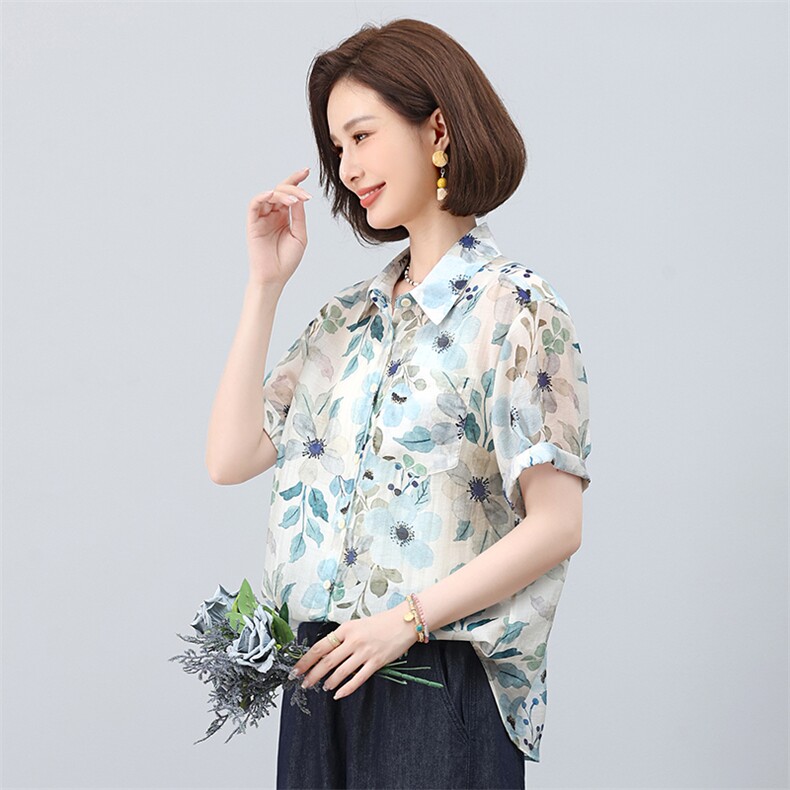 叶笙衣2552衬衫领短袖印花上衣,女装衬衫,叶笙衣