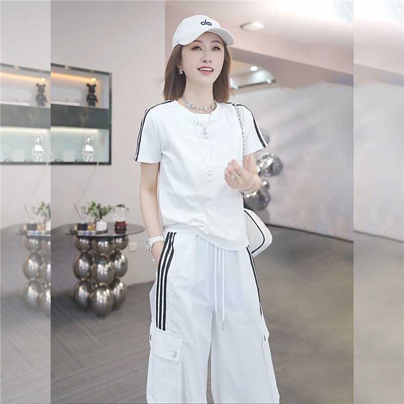 女夏季高级感休闲运动套装圆领收腰短袖上衣休闲束脚长裤两件套潮,女装套装/套裙,江南