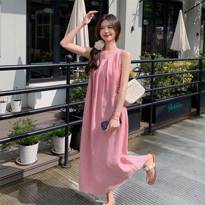 粉色小清新小个子无袖挂脖裙夏女新款温柔甜美镂空罩衫图片