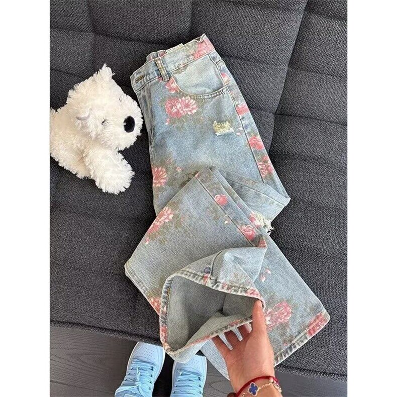 1014-1-KZ1331-P45-满印玫瑰花朵牛仔裤男款秋季美式复古裤子，男装牛仔裤，星座1014-1