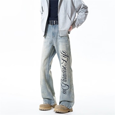 复古蓝字母印花微喇牛仔裤男春秋美式高街裤子直筒修身阔腿裤，男装牛仔裤，星座302B