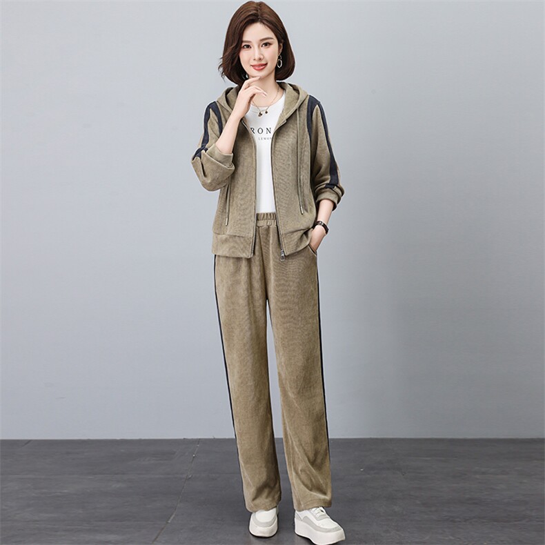 2024春秋季新款灯芯绒时尚休闲气质个性减龄休闲撞色套装,女装套装/套裙,独衣靓