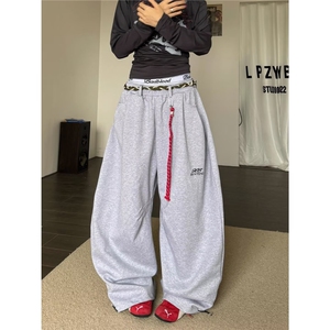 美式阔腿运动裤灰色卫裤新款宽松直筒休闲长裤配绑绳L90700-P50图片