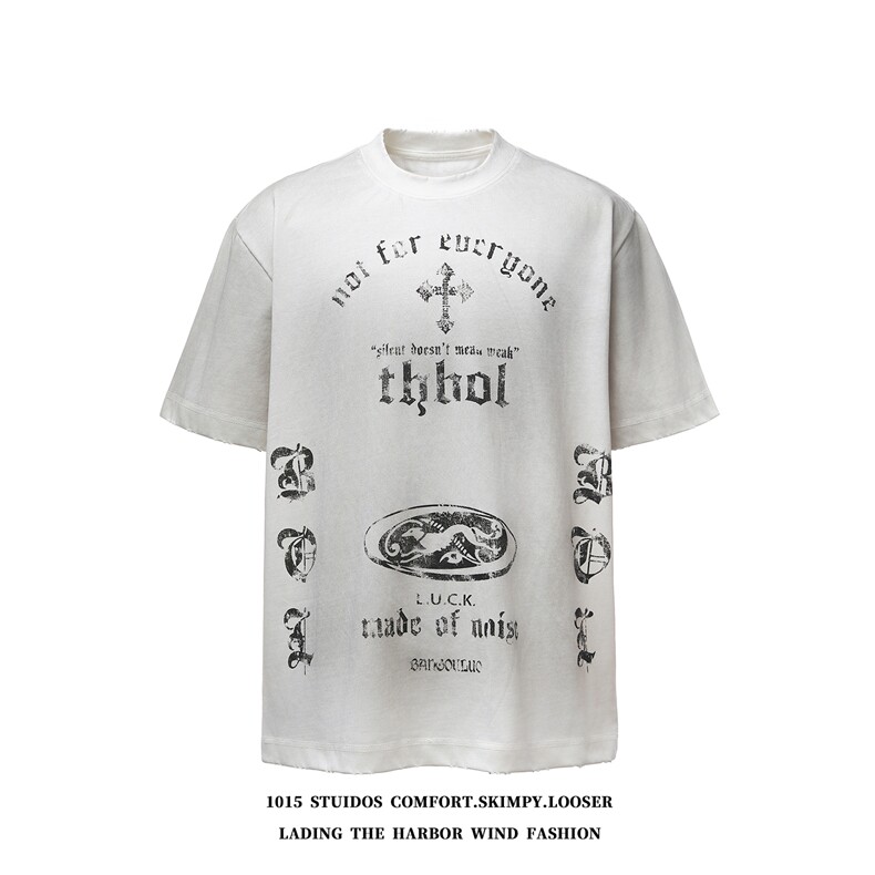 （350克铜氨双纱）美式复古做旧潮牌情侣短袖T恤1015-T604-P60，男装T恤，四季星座1015