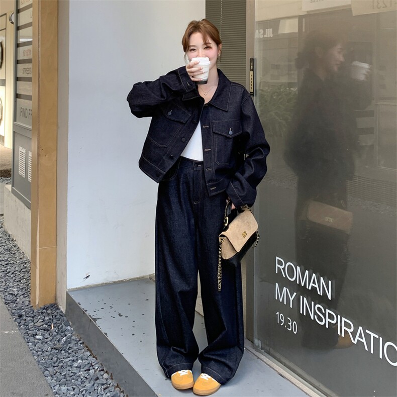 深蓝色工装风牛仔套装女2025秋季韩系减龄松弛风外套阔腿裤两件套,女装套装/套裙,2C050