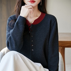 100%纯棉法式撞色假两件针织衫女2025秋冬新款宽松保暖毛衣上衣，女装针织衫/毛衣，长今羊