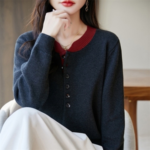 100%纯棉法式撞色假两件针织衫女2025秋冬新款宽松保暖毛衣上衣图片