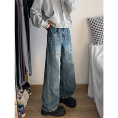 秋季新款高街轻工装结构拼接线显腿长美式复古宽松阔腿直筒牛仔裤，男装休闲裤，星座1013