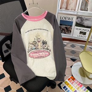 EE120-P55纯棉长袖t恤女春秋薄款插肩袖潮圆领打底衫上衣大码女装图片