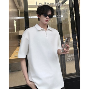 得物抖音二开240克纯棉宽松美式高街痞帅POLO翻领拉链短袖T恤图片