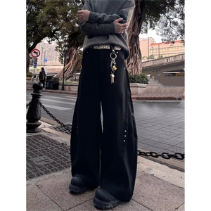 行星世界 高级设计感弯刀西裤拼接铆钉休闲裤男女垂坠感拖地裤子图片