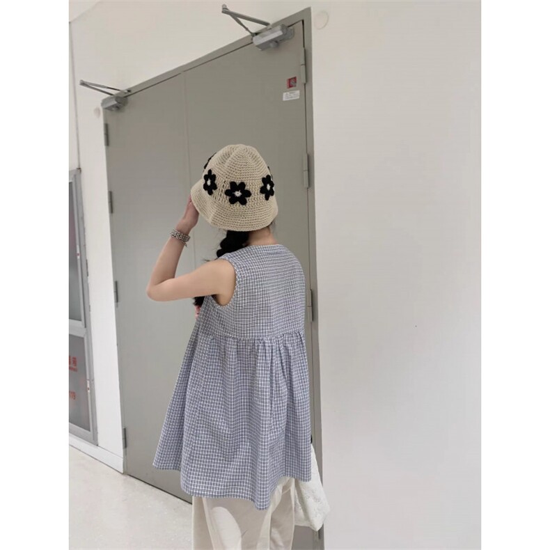 TC569-P45温柔风格子v领无袖衬衫女2026夏季新款别致显瘦百搭上衣,女装衬衫,星座617A-2