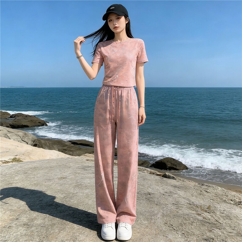 潮牌时尚休闲运动套装女夏季新款粉色扎染圆领短袖上衣长裤两件套,女装套装/套裙,江南