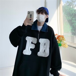 男卫衣华夫格套头卫衣POLO领秋季原宿慵懒ins潮男宽松Y8504P38图片