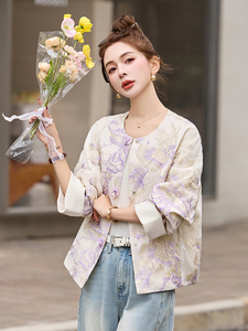 2025春夏季新款紫色重工刺绣提花蕾丝防晒衣新中式国风短款外套女图片