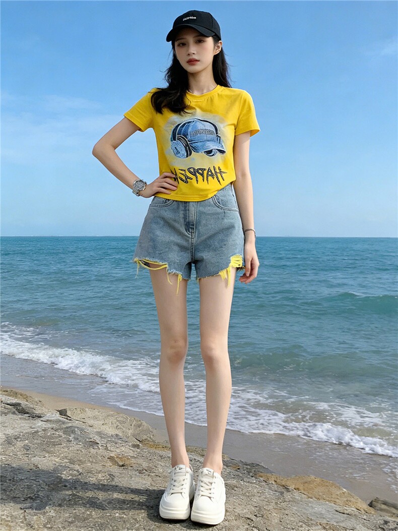 潮流休闲时尚运动套装女夏季新款圆领烫钻印花短袖牛仔短裤两件套,女装套装/套裙,江南