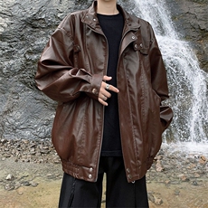 机车服男款潮牌宽松工装PU皮衣外套秋季高街潮流休闲痞帅立领夹克，男装皮衣，星座410-7