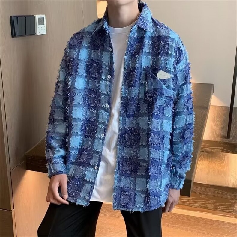 格子长袖衬衫男春秋款高级感潮牌痞帅衬衣外套美式复古设计 C639图片