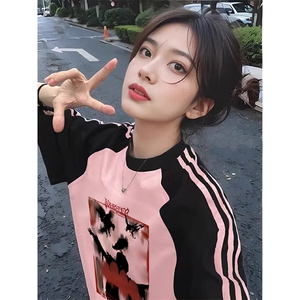 夏季美式高街重磅纯棉三条杠织带插肩撞色男女短袖T恤CZ135-特P25图片
