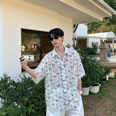 蓝色流苏蝴蝶短袖衬衫男款夏美式复古潮流设计感宽松百搭衬衣外套，男装衬衫，星座506A