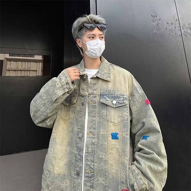 黄泥色牛仔外套男秋季水洗做旧夹克春秋款美式hiphop复古潮牌上衣图片