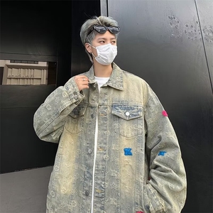黄泥色牛仔外套男秋季水洗做旧夹克春秋款美式hiphop复古潮牌上衣图片