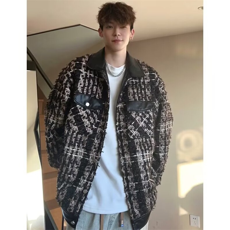 JY448-P69时尚编织夹克男短款潮流宽松拼接休闲小香风外套,男装夹克,星座1501-3